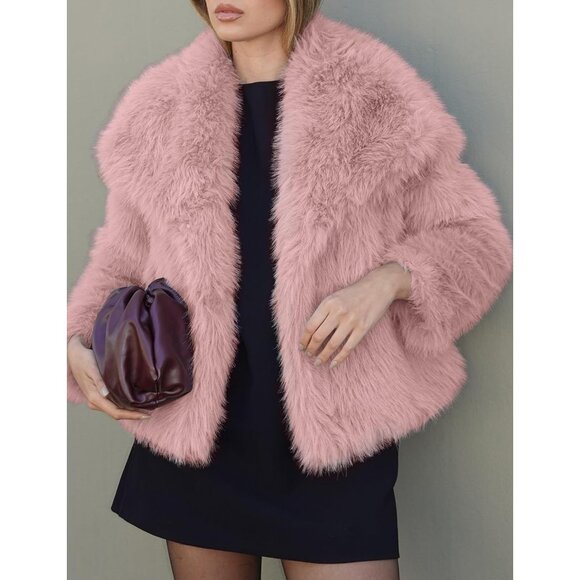 Elegant Women's Pink Cropped Faux Fur Jacket - Fluffy Warmth for Winter Outings - Picture 2 of 7